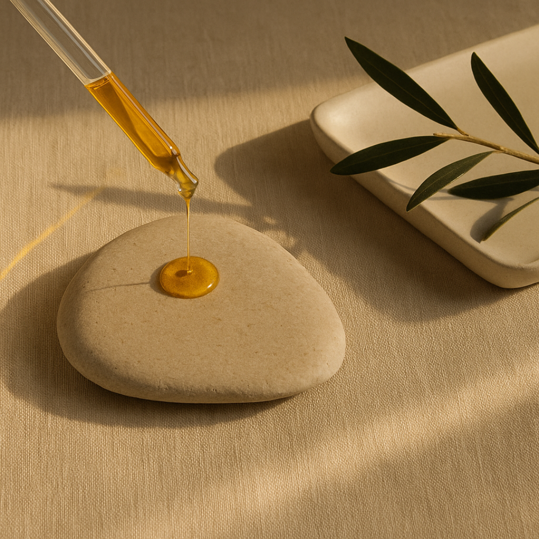 Gota de aceite dorado sobre piedra clara con ramita de olivo